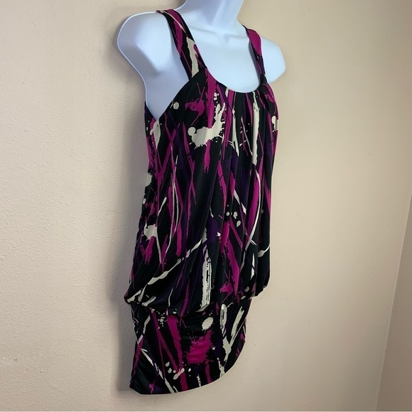 Small Black Pink Beige Paint Splatter Dress Sleeveless Stretch Party Cocktail - Picture 4 of 8